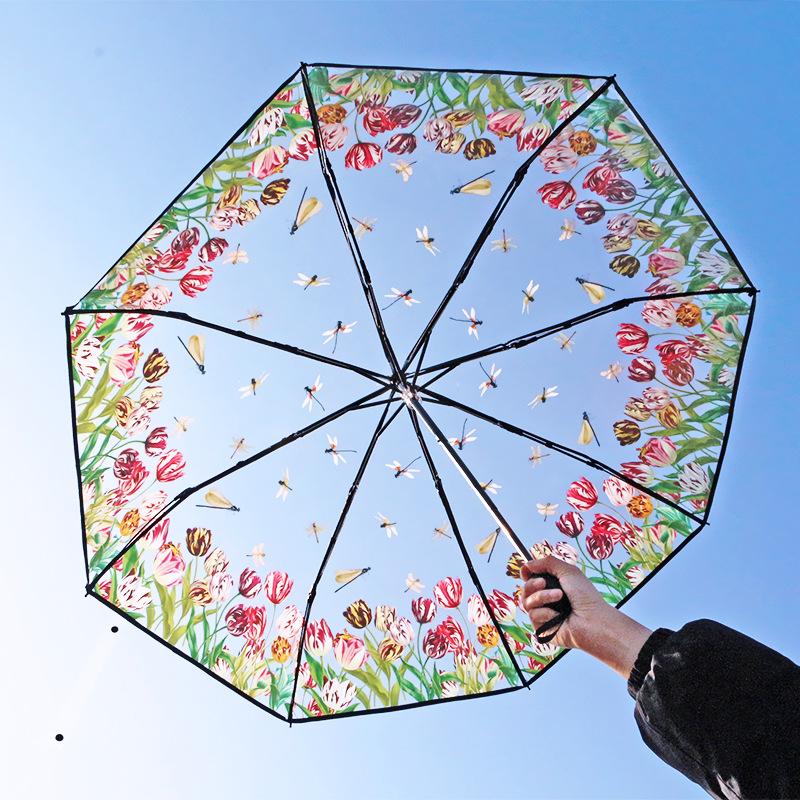 Retro Window Flower Pattern Transparent Umbrella Fully Automatic Opening and Closing Portable Travel Transparent Kids Umbrella