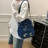 Women Cartoon Embroidery Denim Tote Bag Carry Handbag with Detachable Crossbody Strap Large Capacity Washed Jean Casual Daily Shopping Messenger