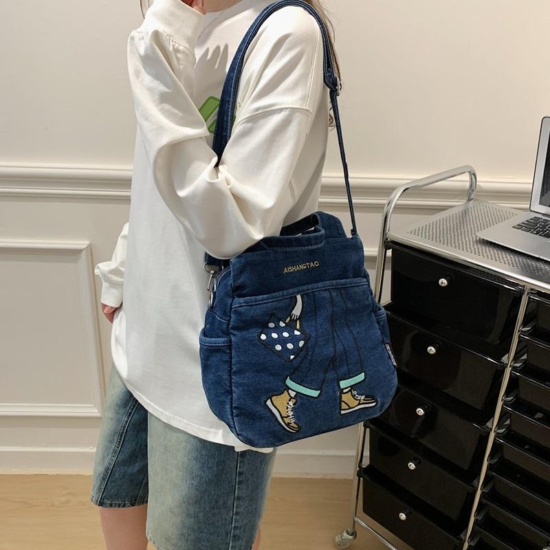 Women Cartoon Embroidery Denim Tote Bag Carry Handbag with Detachable Crossbody Strap Large Capacity Washed Jean Casual Daily Shopping Messenger