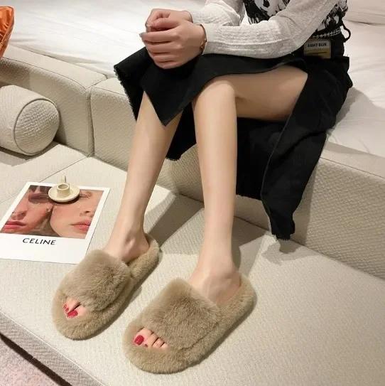 Fashion Fashion One Word Thick Fur Slippers Double Fur Slippers Casual Home Cotton Shoes for Women Flat Plush Cross Straps Slippers2024