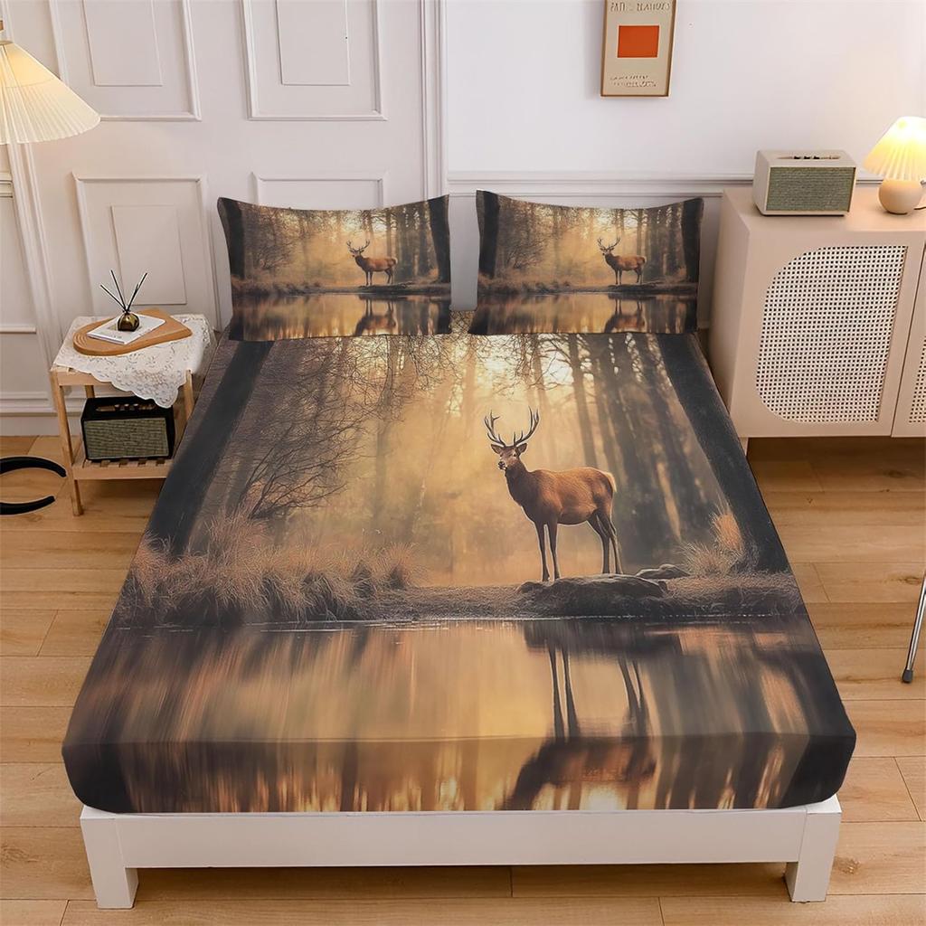 Elk Deer Print Wild Animal Fitted Sheet for Boys Girls Teens, Bed Sheet Set Breathable fitted cover Gift Bed Cover Room Decor