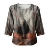 Women Casual Halloween Printed Round Neck Three Quarter Sleeve Linen Blend Top Lightweight Comfortable Autumn Blouse
