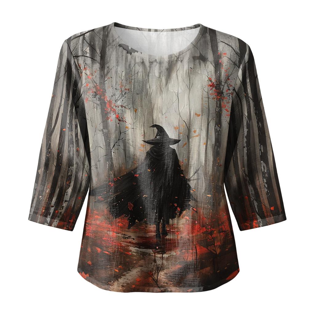 Women Casual Halloween Printed Round Neck Three Quarter Sleeve Linen Blend Top Lightweight Comfortable Autumn Blouse