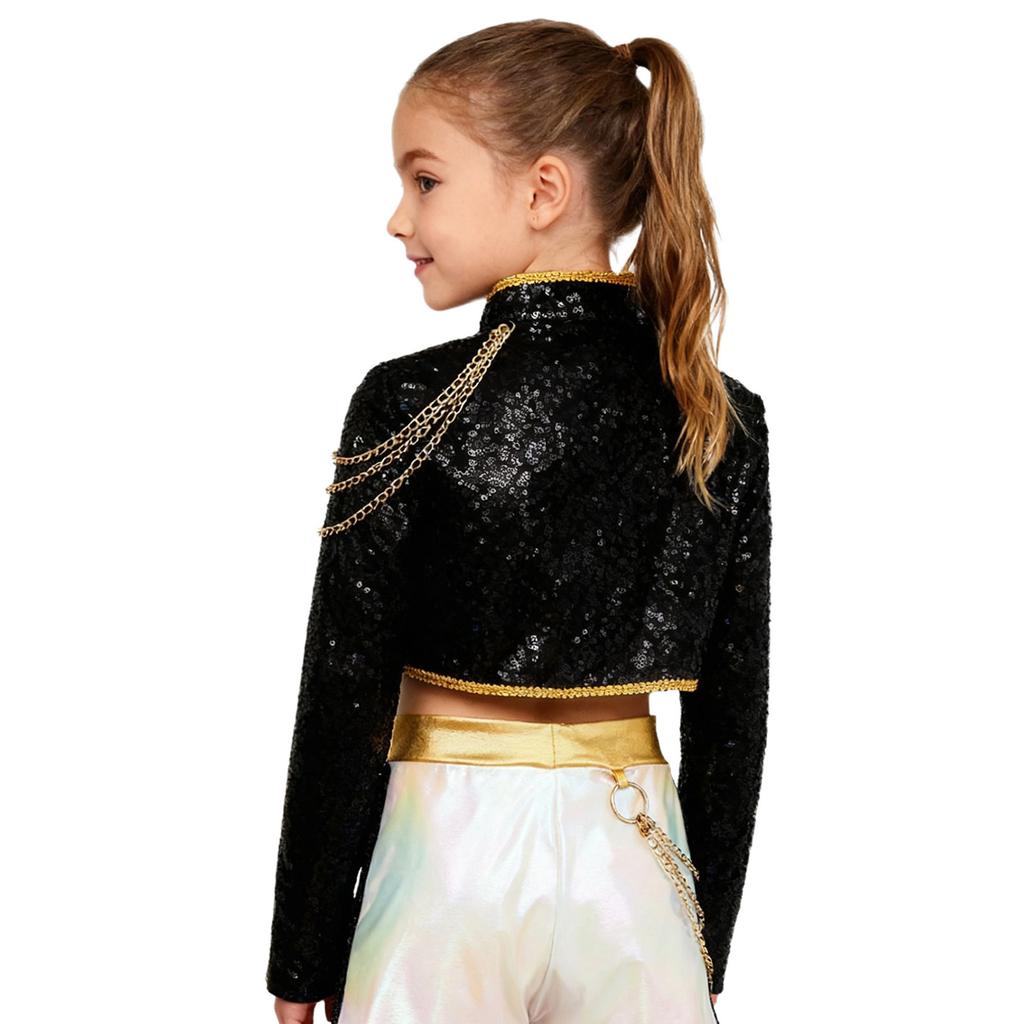 Mädchen Sängerin Cosplay Kostüm Langarm Stehkragen Geflochtene Borte Glänzende Pailletten Oberbekleidung