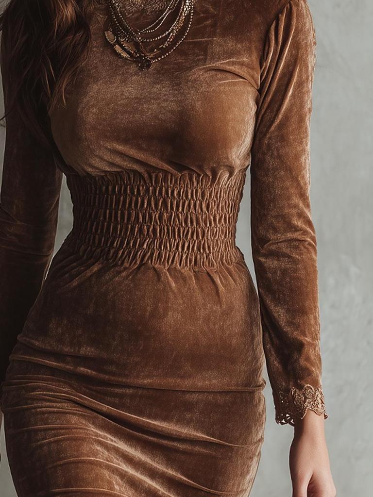 European & American Fashion Slim Fit Gold Velvet Waist-Cinching Lace Dress - Stylish Long-Sleeved Autumn/Winter 2025 Collection.