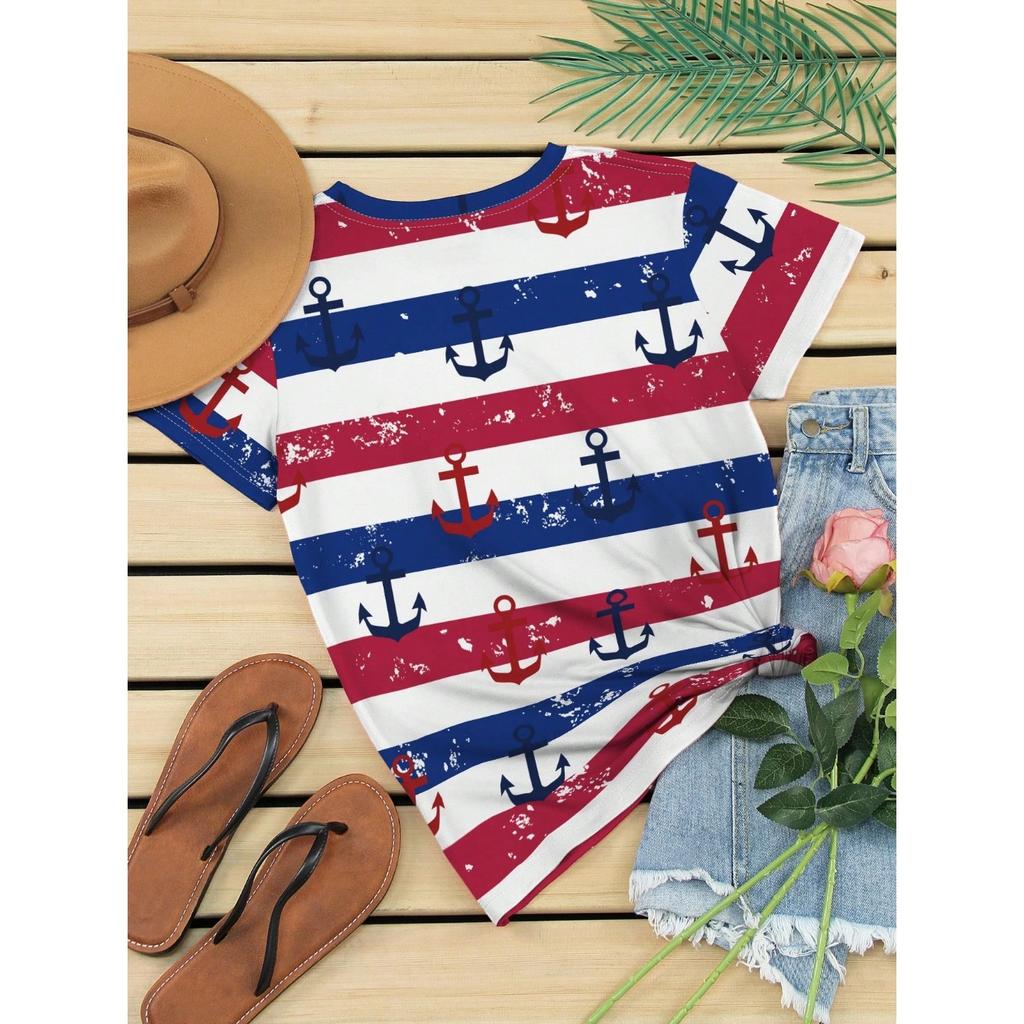 Summer Round Neck 3D Anchor Pattern Stripe Print Top Fashionable Casual Short Sleeved Women's T-shirts