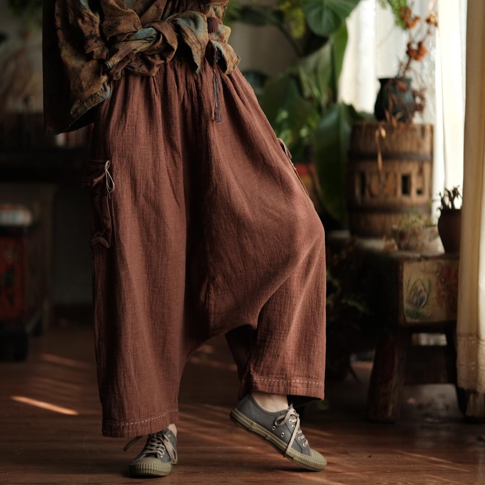 Johnature Women Vintage Pants Spring Chinese Style Pockets Solid Color Loose Soft Elastic Waist Trousers
