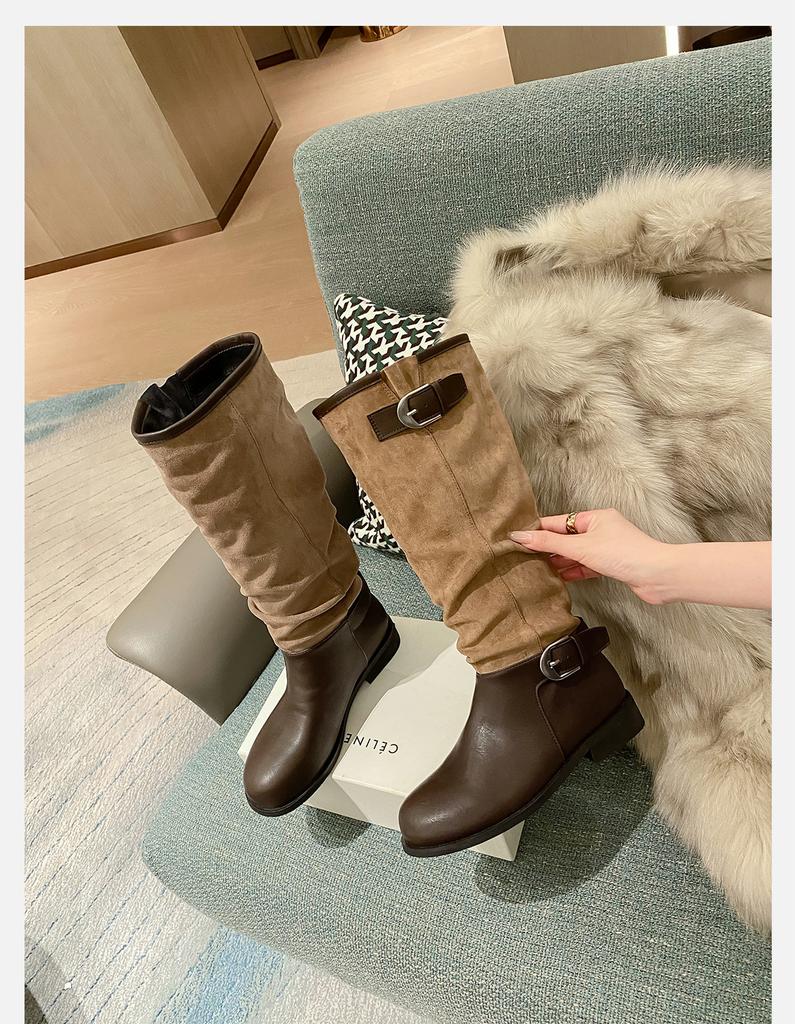 [Ruodan] Thick-soled British Style Belt Buckle Medium Tube Stack Boots Knight Boots Women's Retro Round Head Boots Women's