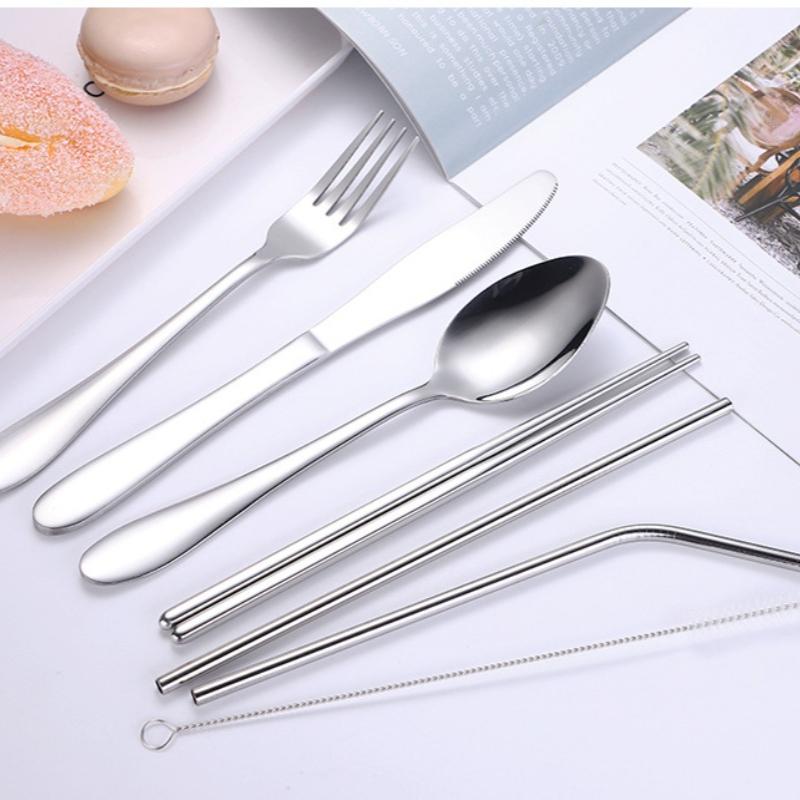 8Pcs Stainless Steel Straw Set Outdoor Western-style Knife, Fork, Spoon and Chopsticks Portable Cutlery Bag