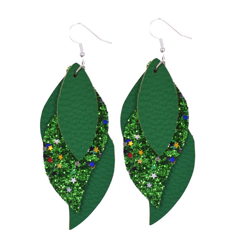 Fashion 3 Layer Stackable Glitter Faux Leather Teardrop Earrings For Women PU Leaf Shaped Lightweight Dangle Earrings Jewelry