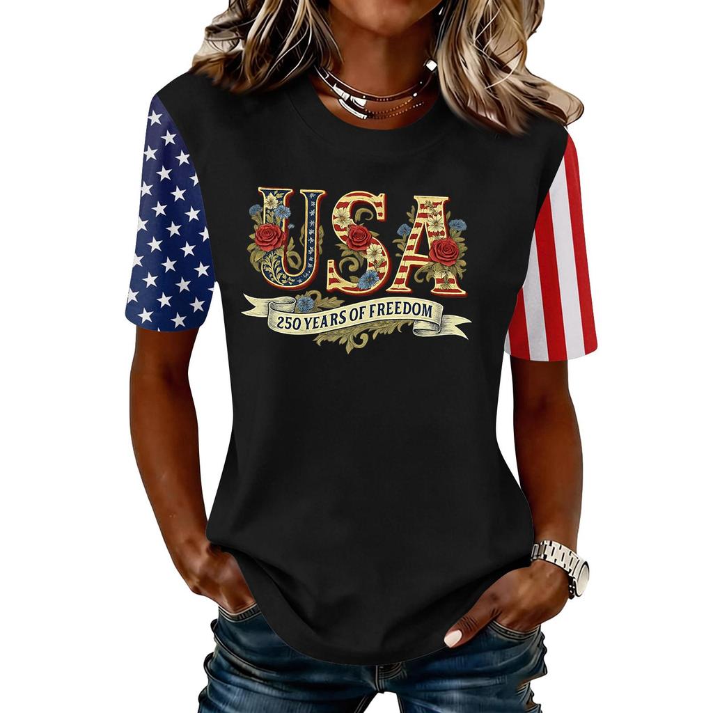 Women's Fashionable Casual Short Sleeve Print Round Neck Pullover Top