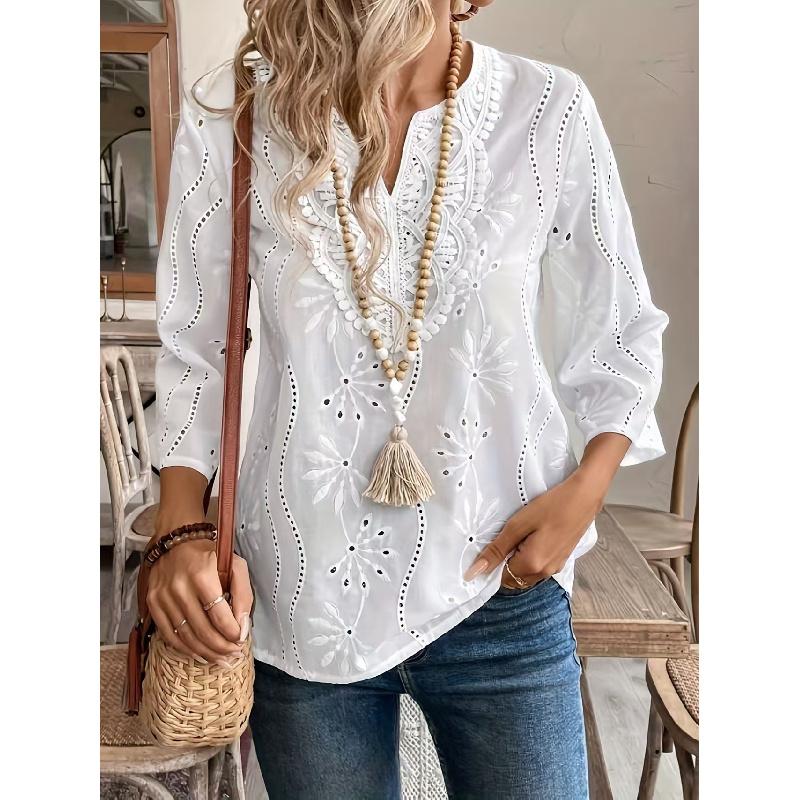 2026 Spring/Summer New Women's Loose V-neck Lace Embroidered Shirt White Top