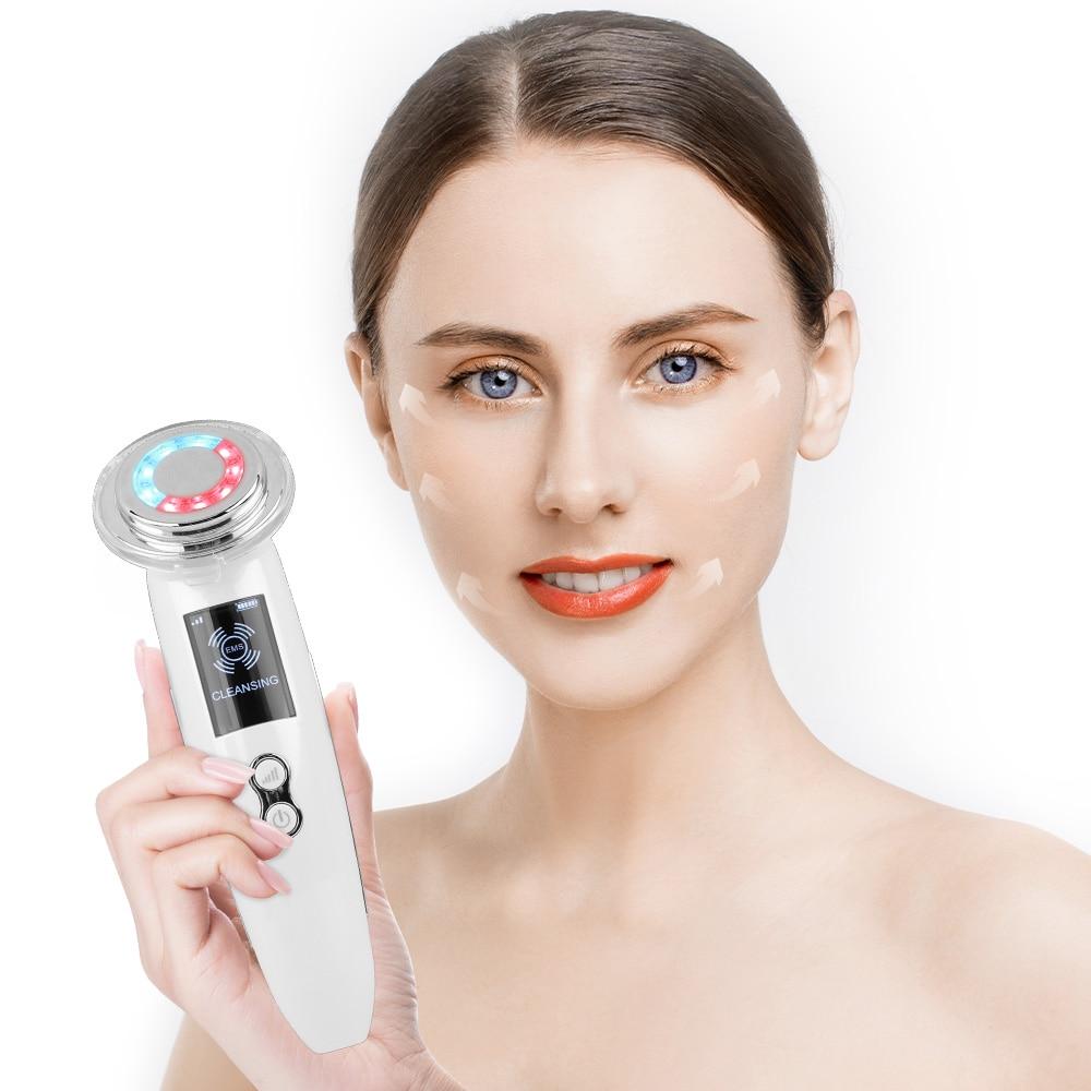 EMS ansiktsmassasjeapparat LED-lysterapi Sonisk vibrasjon Rynkefjerning Hudoppstramming Varm Kjølig Behandling Hudpleie Skjønnhetsanordning