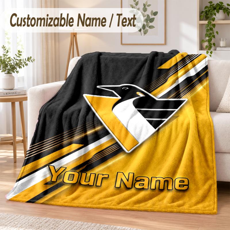 Custom Text Flannel Blanket Pittsburgh Penguins Print Warm Cozy Blanket Home Sofa Bedding