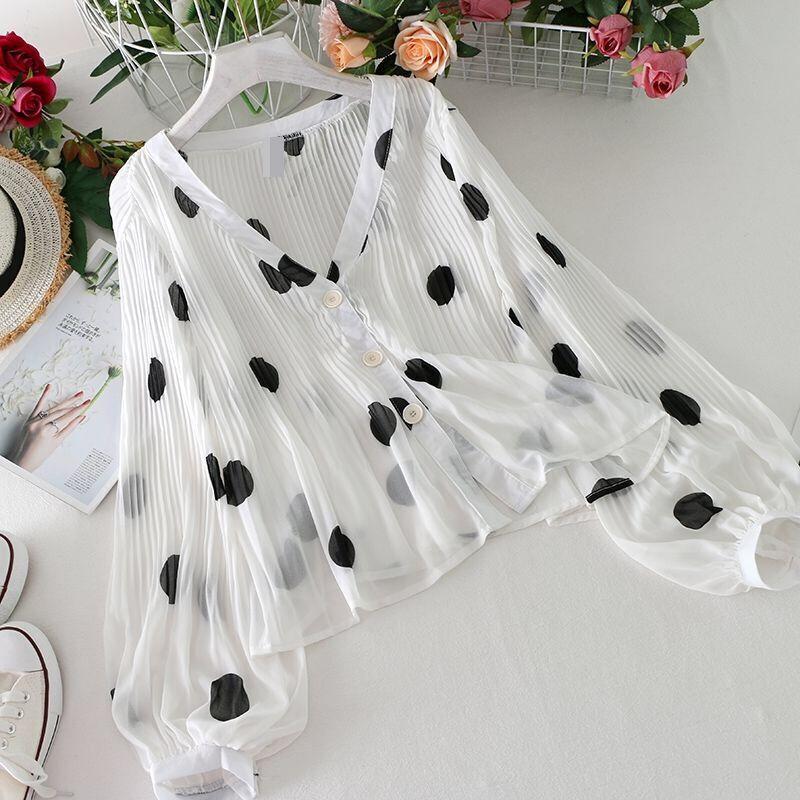 V Neck Pleated Polka Dot Sun Protection Shirt Women's Bubble Sleeve Loose Chiffon Shirt
