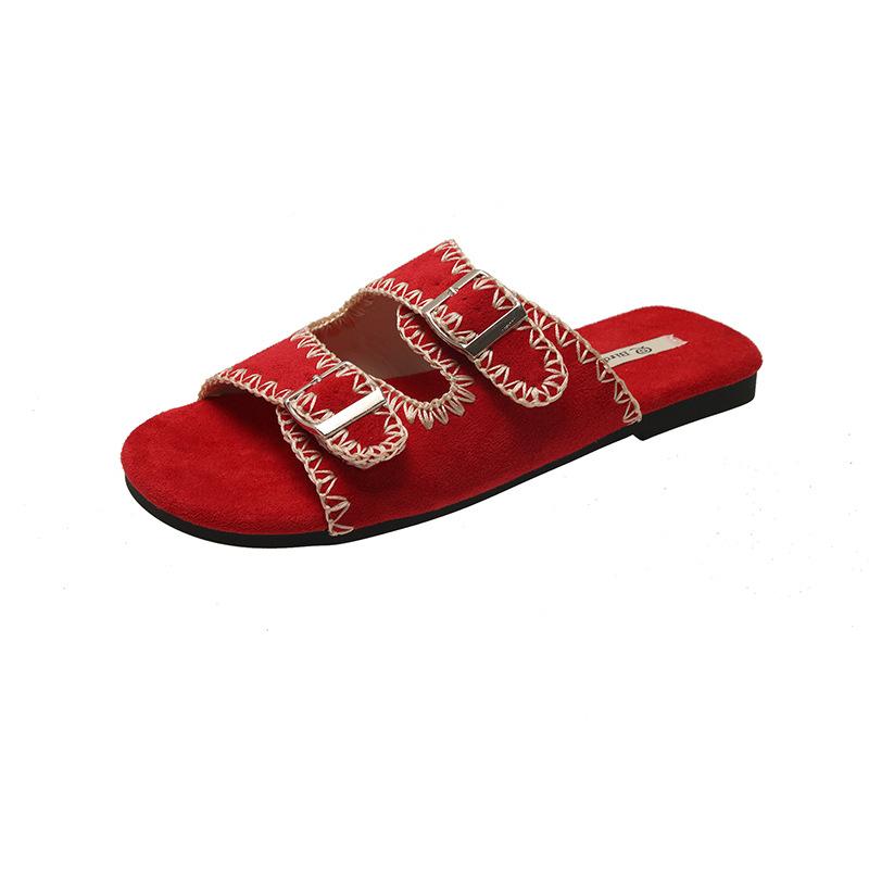 Korean flat-bottomed French cool slippers outer wear 2025 summer new outer wear belt buckle Birken beach one-word slippers