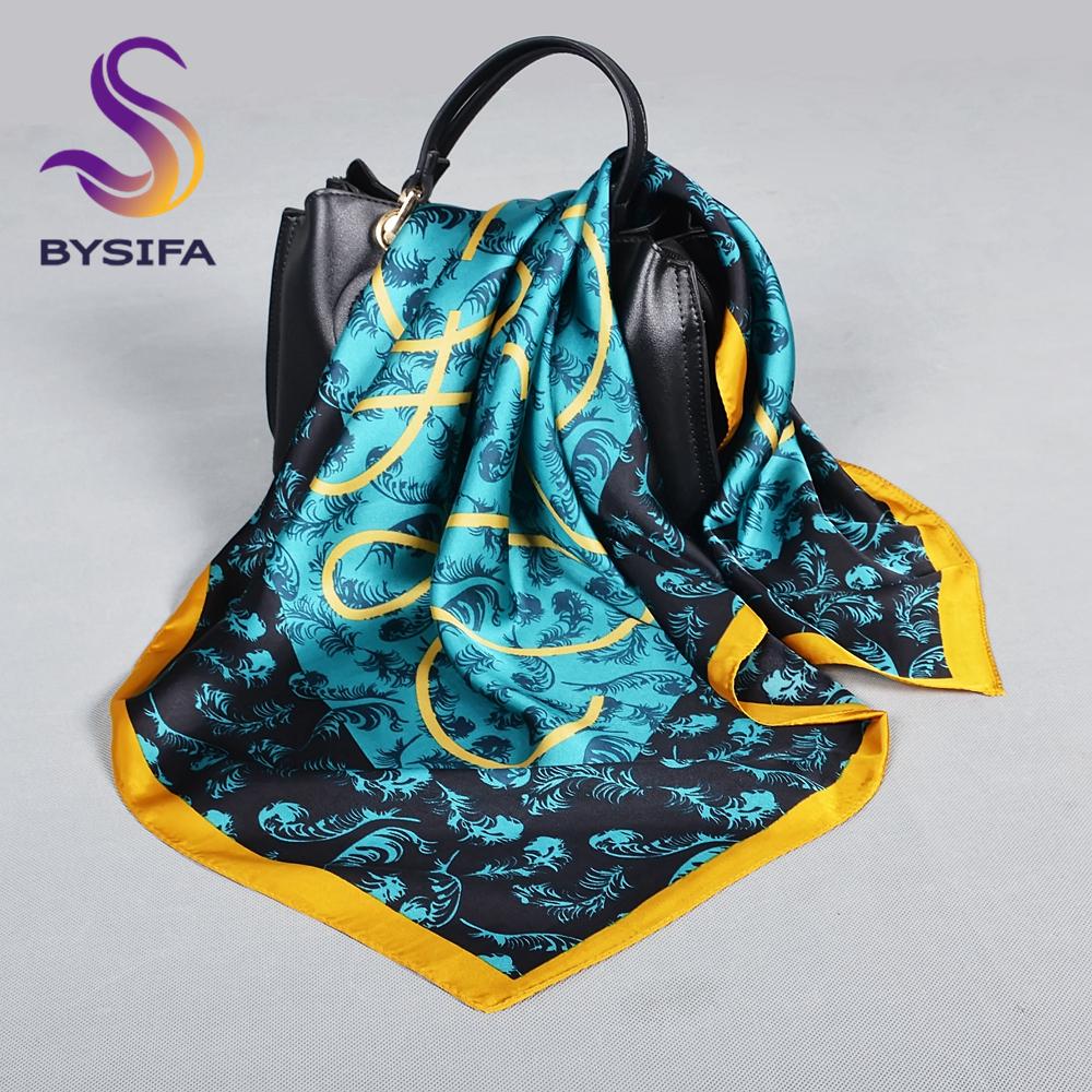 BYSIFA Eleganter Gelb Blau Seidenschal Stola Bufanda 70*70cm Winterschals Accessoires Frühling Herbst Marke Quadratische Schals Hijab