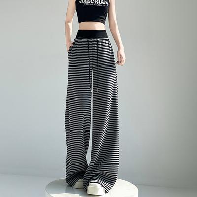 Striped Wide-leg Pants Spring and Summer Drawstring Elastic High Waist Drape Lazy Casual Straight Mopping Pants