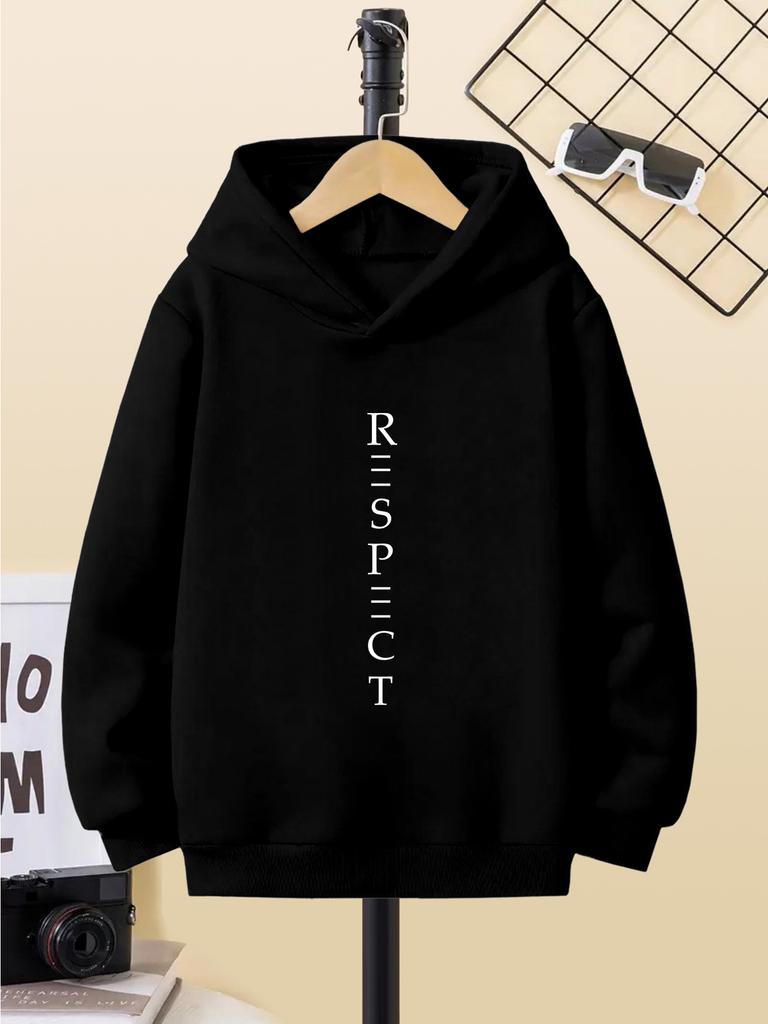 Children Long Sleeve Hoodie, Elegant Vertical Respect Word Slogan Graphic, Autumn Winter Casual Pullover Sweatshirt For Kids Daily Casual Wear