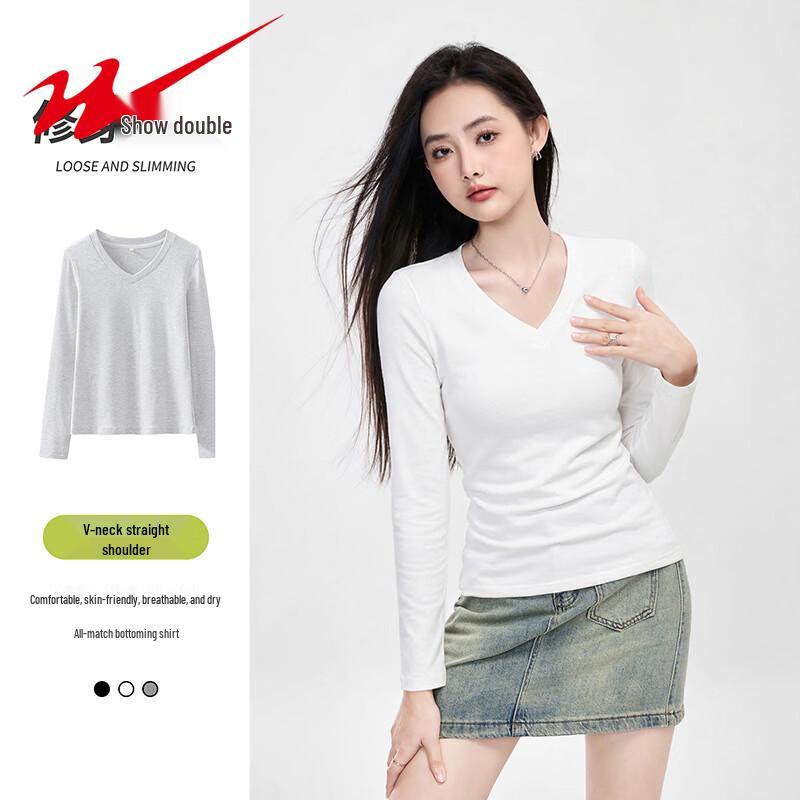Shuangxing Women s V-Neck Ribbed Cotton Long-Sleeve T-Shirt 2XL