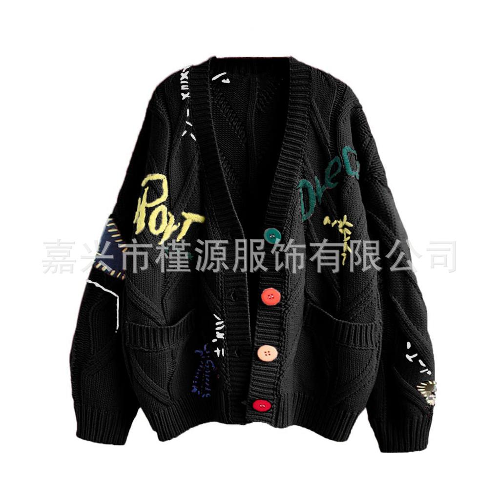 Fashion Lazy Wind Embroidered Sweater Women's Autumn and Winter New Letter Design Loose Knitted Sweater Jacket Tide