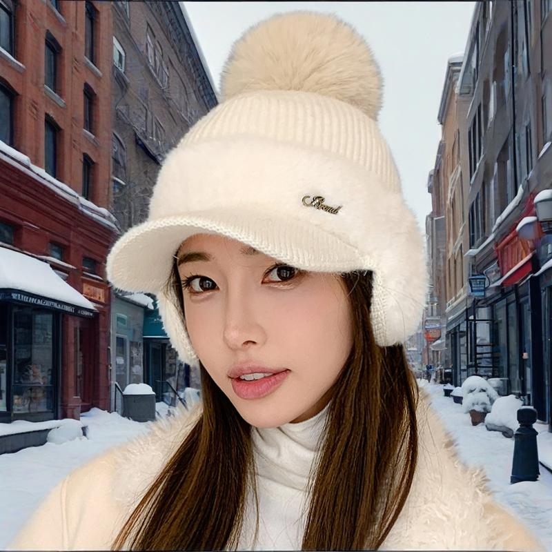 Stitching mink fleece ear protection rabbit fur baseball cap fashion solid color simple fur ball knitted hat