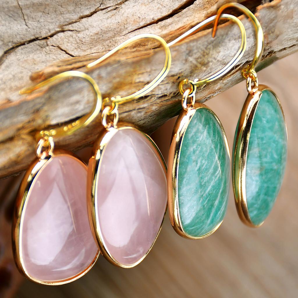 Bohemian Natural Stone Rose Quartz Amazonite Dangle Earrings Women's Trendy Exquisite Summer Holiday Handmade Zircon