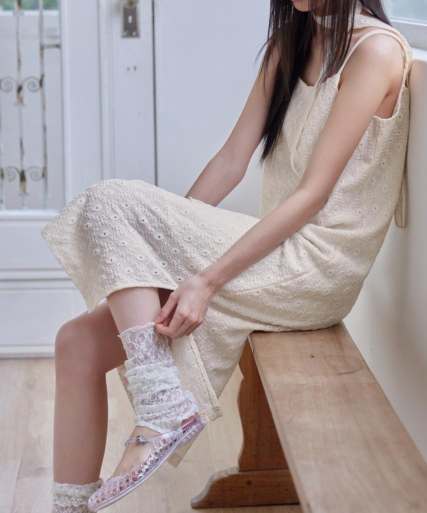 Leondeondada Embossed Lace Tie Dress, Cream