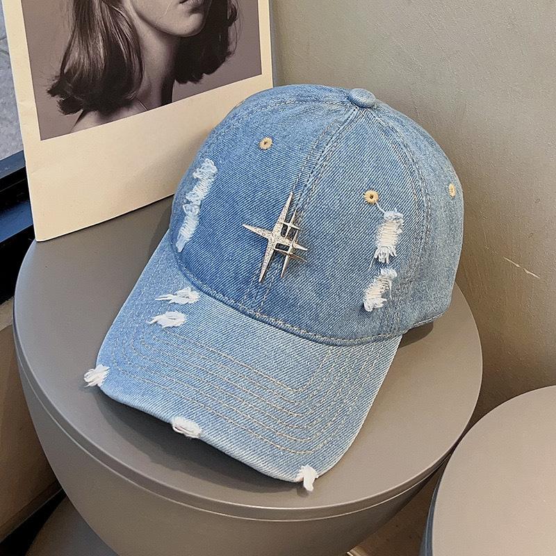 Street Retro Old Denim Ripped Baseball Cap Female Couple European and American Trendy Brand Star Rhinestone Baseball Cap Showing Small Face