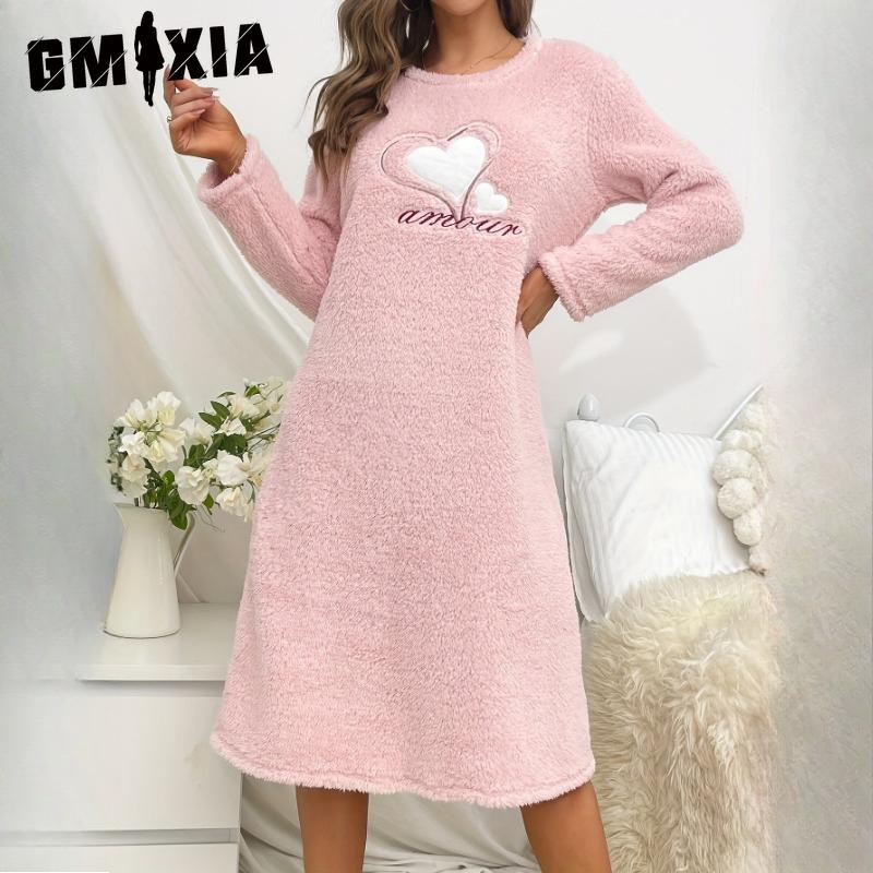 GMXIA Toamnă și Iarnă Femei Roz Dragoste Flanel Mânecă Lungă Îngroșat Set de Cămașă de Noapte Cap în Secțiunea Lungă a Cămășilor de Noapte Drăguțe pentru Acasă