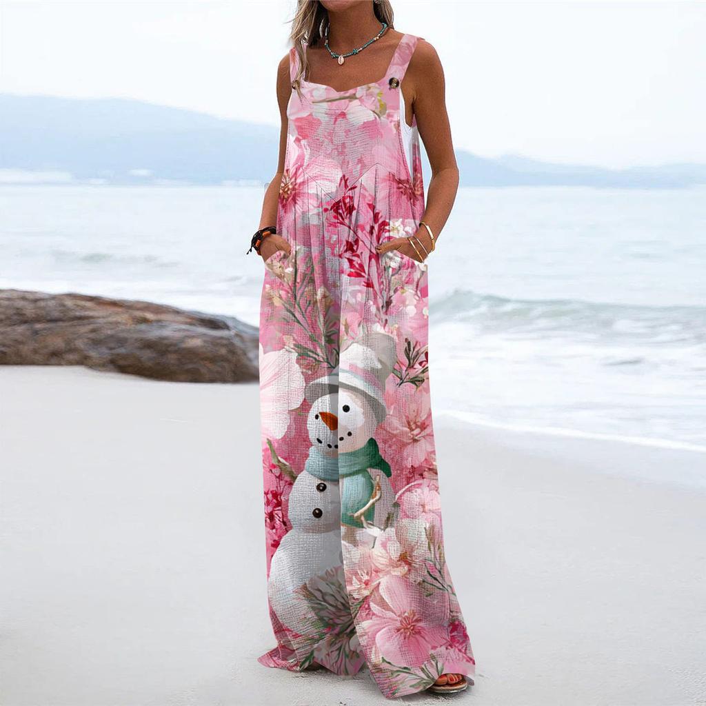 Women's Christmas Print Solid Wide Leg Strapless Tank Pocket Casual Onesie