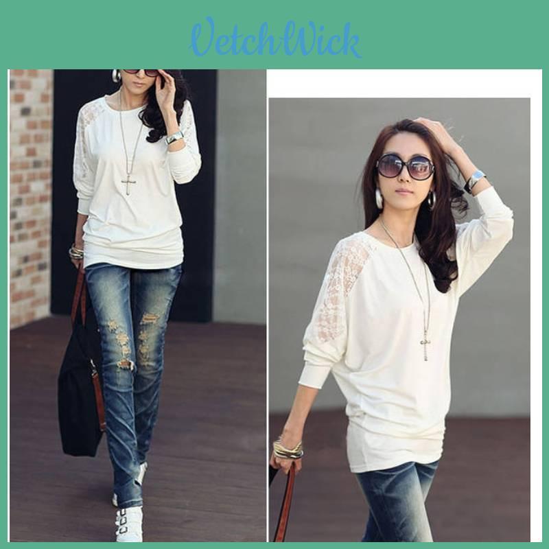 Stylish Black And White Lace Batwing Sleeve T-shirt For Plus Size Women In Trendy Commute Style