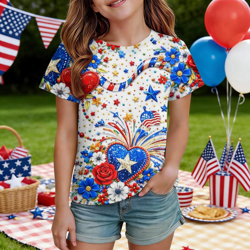 Kids Independence Day Print Round Neck Short Sleeve Casual T-shirt