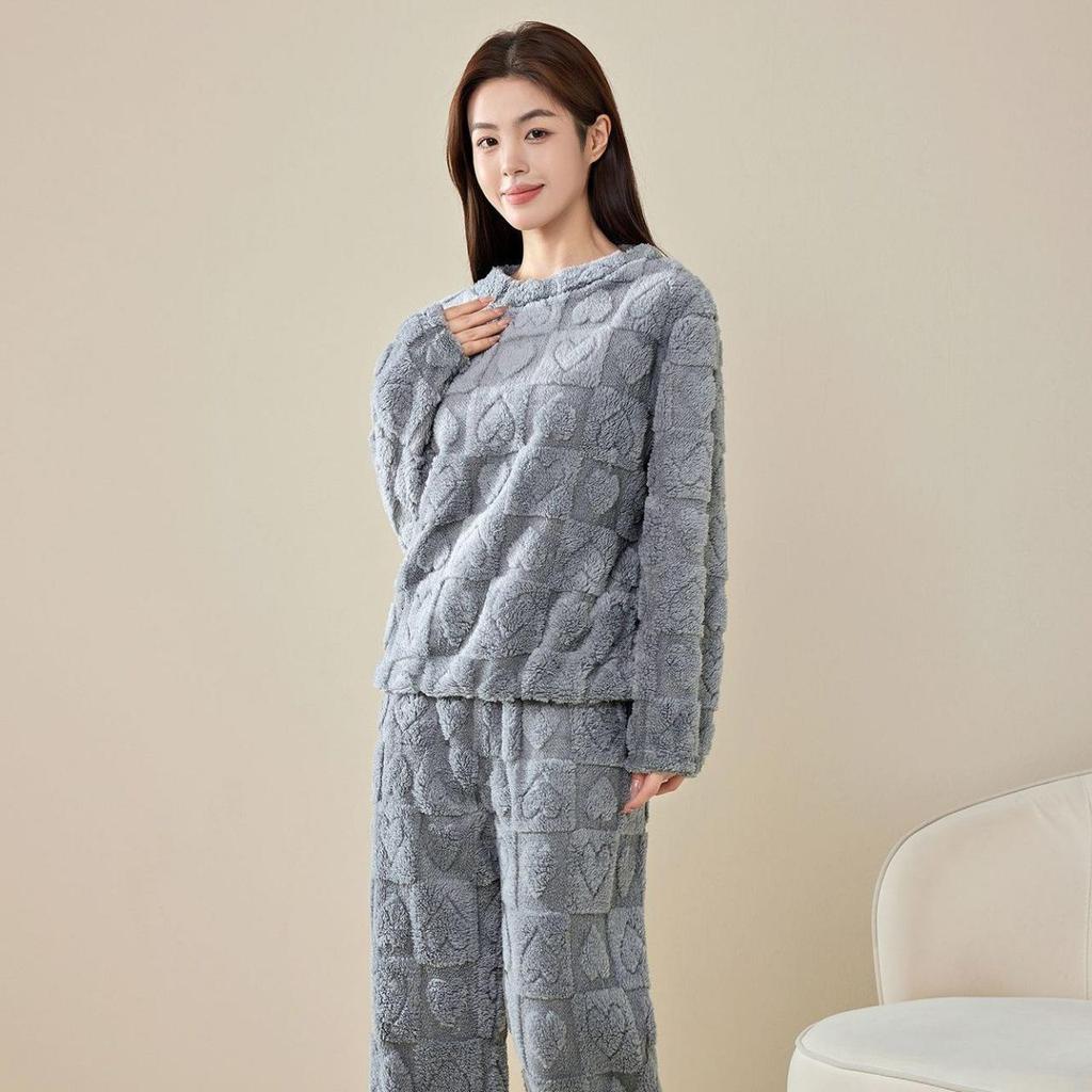 Women's Heart Print Flannel Pajama Set - Warm Winter Coral Fleece Homewear