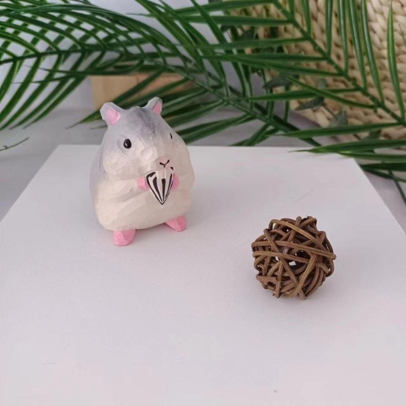 Miniature Foodie Hamster Figurine Fun Wooden Carvings Animal Statue Ornament for Nursery and Bedroom Desktop Decors Gift