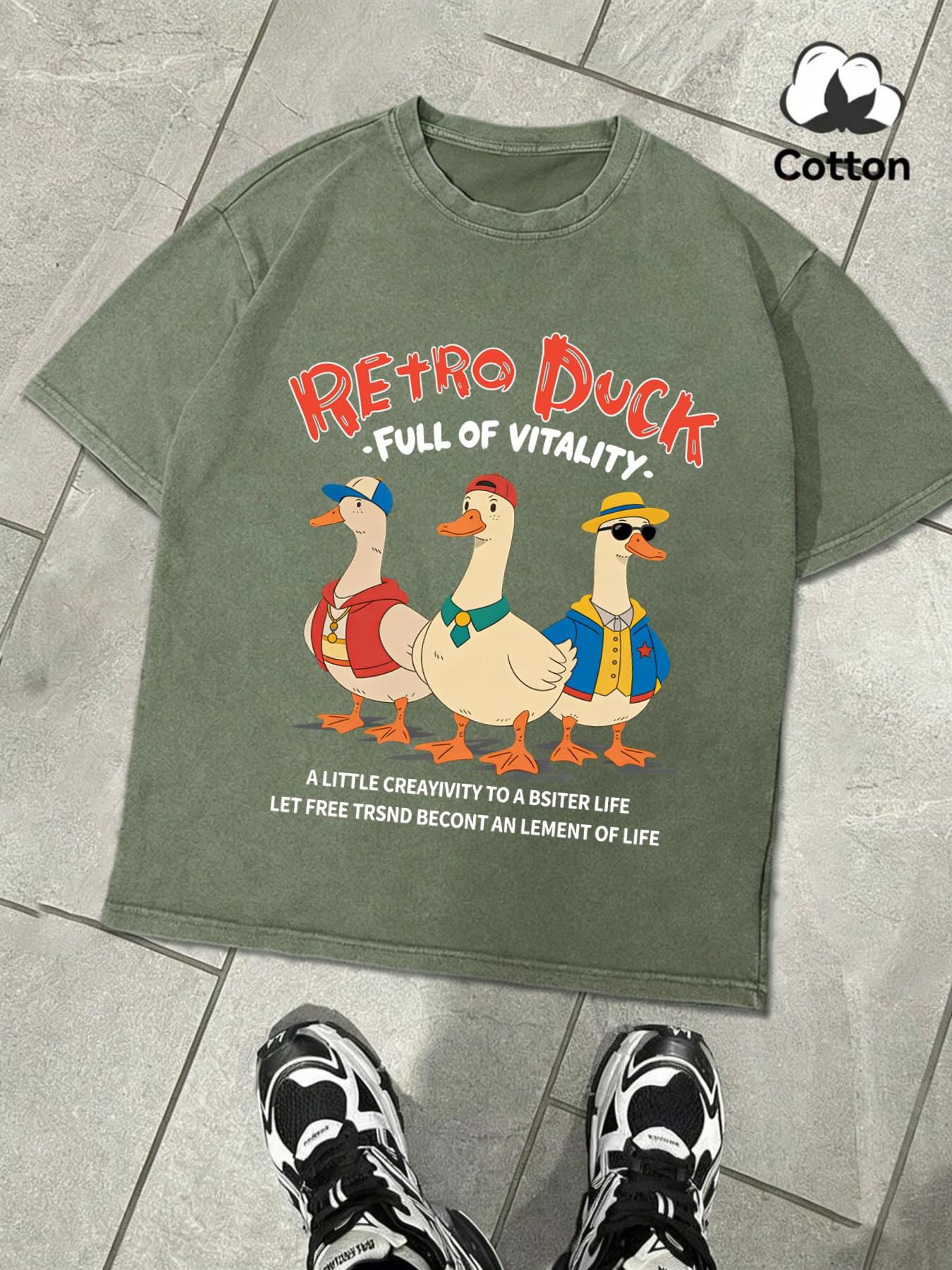 

Retro Duck Full Of Vitality Washed TShirts Men Summer Retro Fashion Clothing Cotton Loose Tee Unisex AllMatch Casual TShirt S