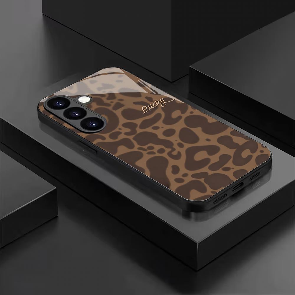 Lucky Leopard Print Black Glass Phone Case Suitable for Samsung Galaxy S26 S25 S24 S23 S22 S21 S20 FE/Ultra/Plus Anti Drop