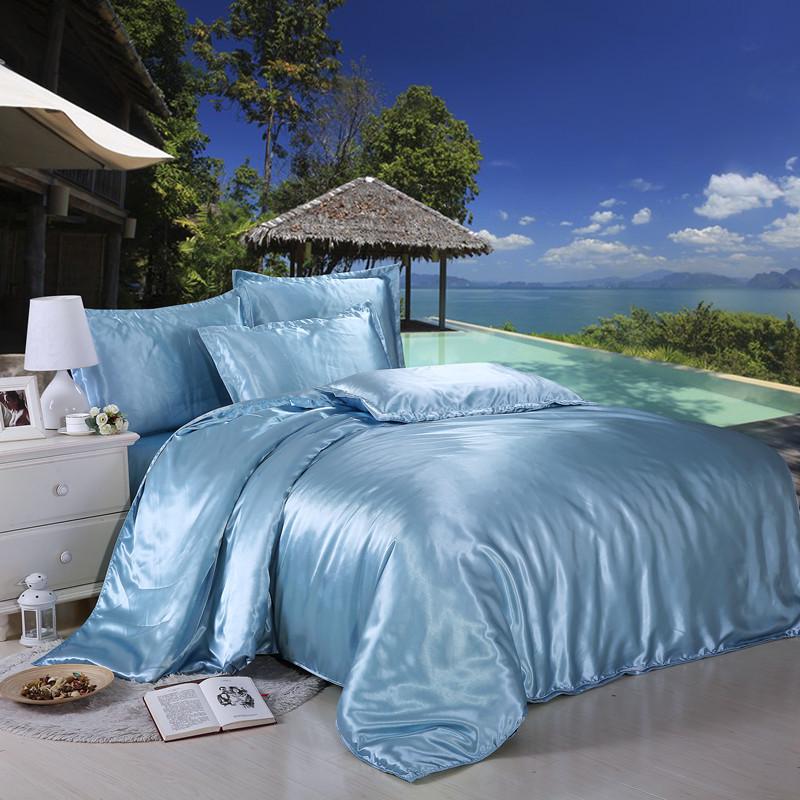 

Сатин 4 предмета Удобная шелковая простыня на резинке Простыня на кровать Постельный набор Наволочка Light Blue,Queen