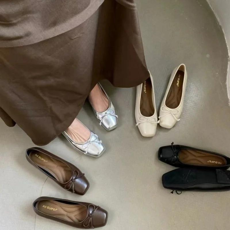 Bowtie Flat Shoes Women Ballerinas Square Toe Slip On Ballet Flats Lazy Loafers Ladies Casual Comfort Shoes 2025