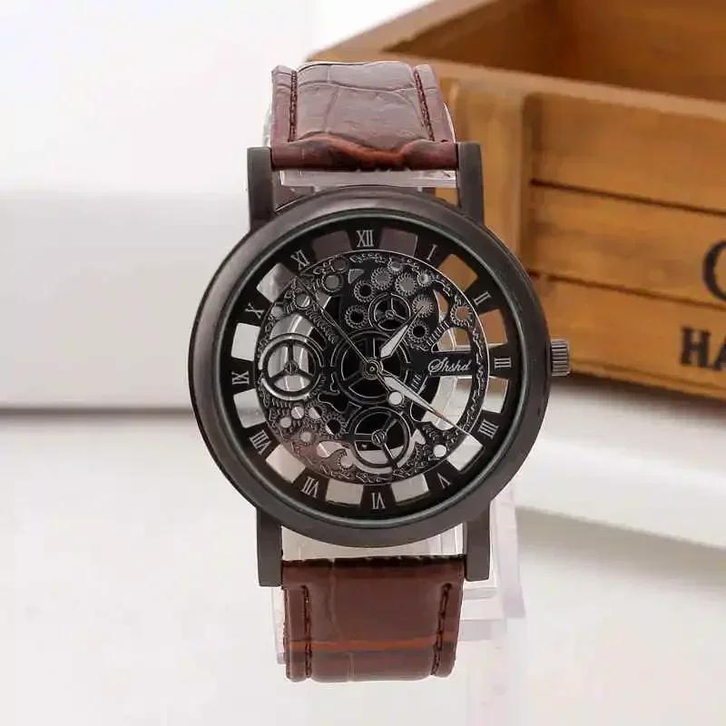 Fashion Hollow Skeleton Men Watches Quartz Leather Bracelet Strap Wristwatch Fashion Business Watches Men's Gifts