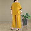 Summer Women's Loose Cotton Linen Patchwork Print T-irt High Waist Wide Leg Pants Two-piece Set Faionable Casual Wear