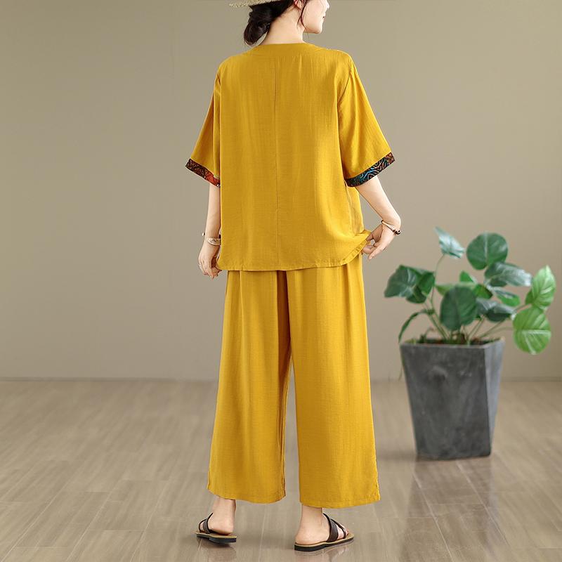 Summer Women's Loose Cotton Linen Patchwork Print T-irt High Waist Wide Leg Pants Two-piece Set Faionable Casual Wear