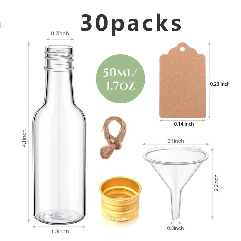30pcs Mini Liquor Bottles Plastic Spirit Bottles with Silver/ Gold Caps Alcohol Shot Cups with Funnels Kraft Tags Rope for Party