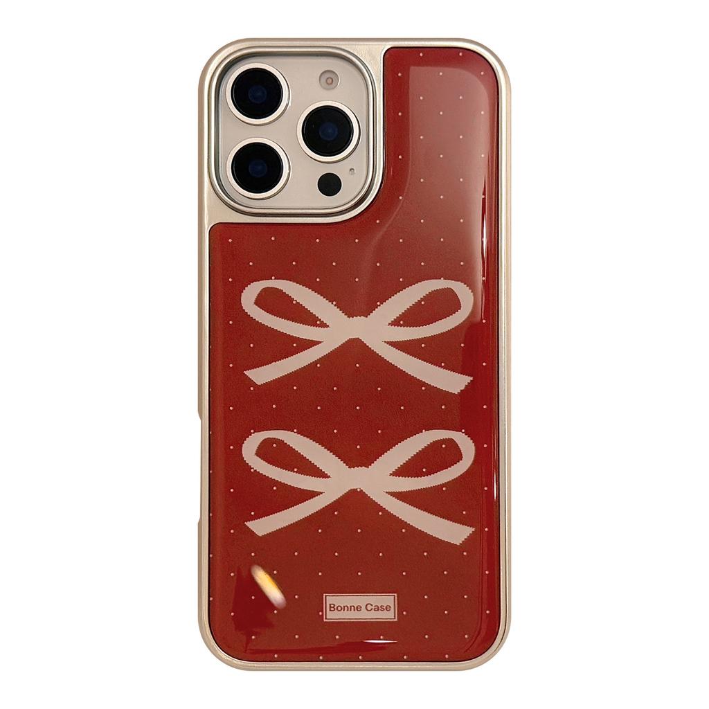 Electroplated Ins Burgundy Retro Bow for 16 Apple 15pro Max Mobile Phone Case Iphone14 Epoxy 17