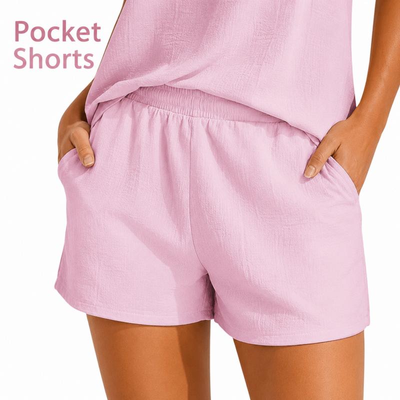Women Sleeveless V Neck Two Piece Pajama Set With Loose Tank Top And Pocket Shorts For Casual Home Lounge Sleepwear Summer Daily Wear Outfit