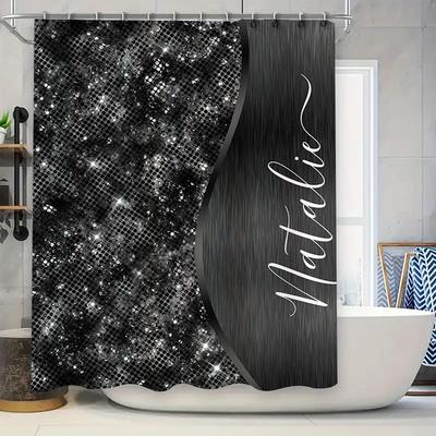 Schwarzer Pailletten-Duschvorhang für Badezimmerdeko Glänzender funkelnder Stoff mit personalisiertem Namen Modern stilvoll dekorative Badematte Co