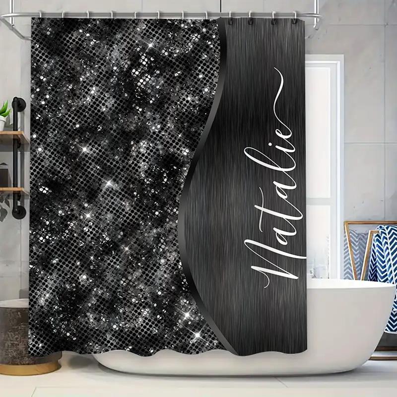 Black Sequin Shower Curtain For Bathroom Decor Shiny Sparkly Fabric With Personalized Name Modern Stylish Decorative Bath Mat Co
