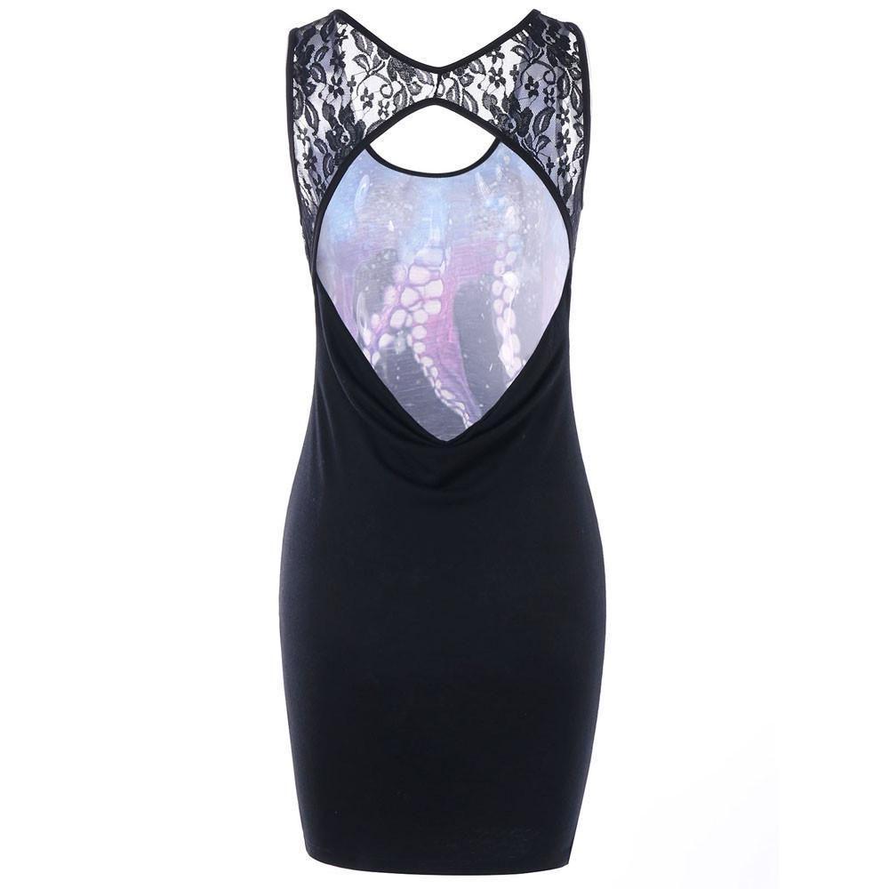 Women Summer Delicate Sleeveless Cut Out Octopus Print Mini Dress With Lace Stitching