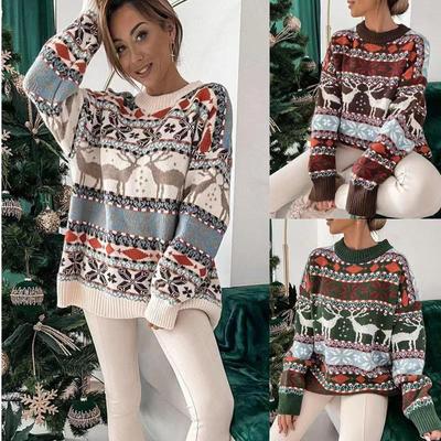 Suéter Feminino Jacquard de Natal 2022 Gola Redonda Solto – Cinco Cores Disponíveis