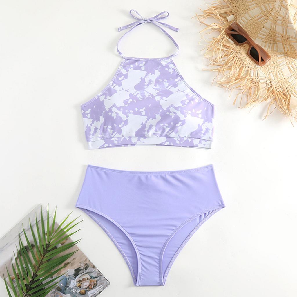 Printed Neck Hanging Split Bikini Slimming Multi Colored Women's Swimsuit